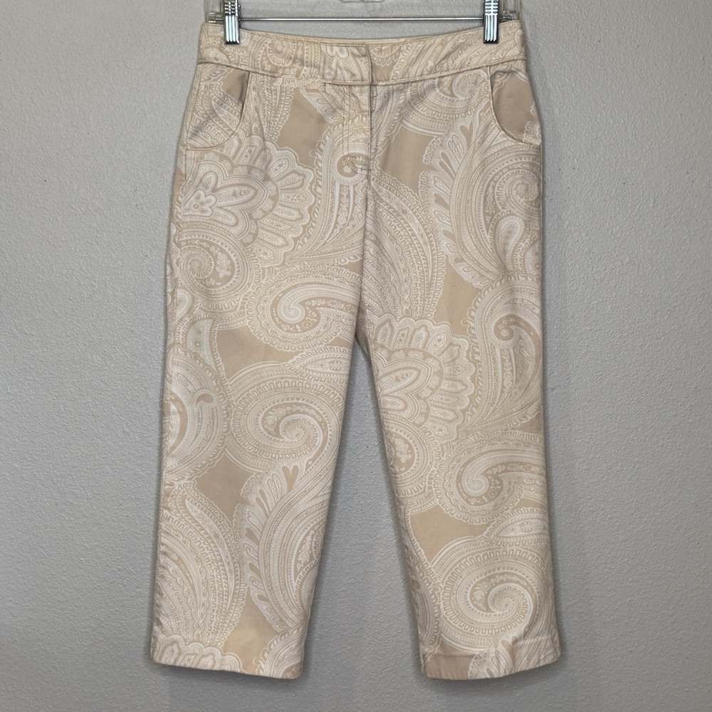 Ann Taylor Capri Crop Pants Womens Size 2 Tan White Print Cotton Blend Stretch